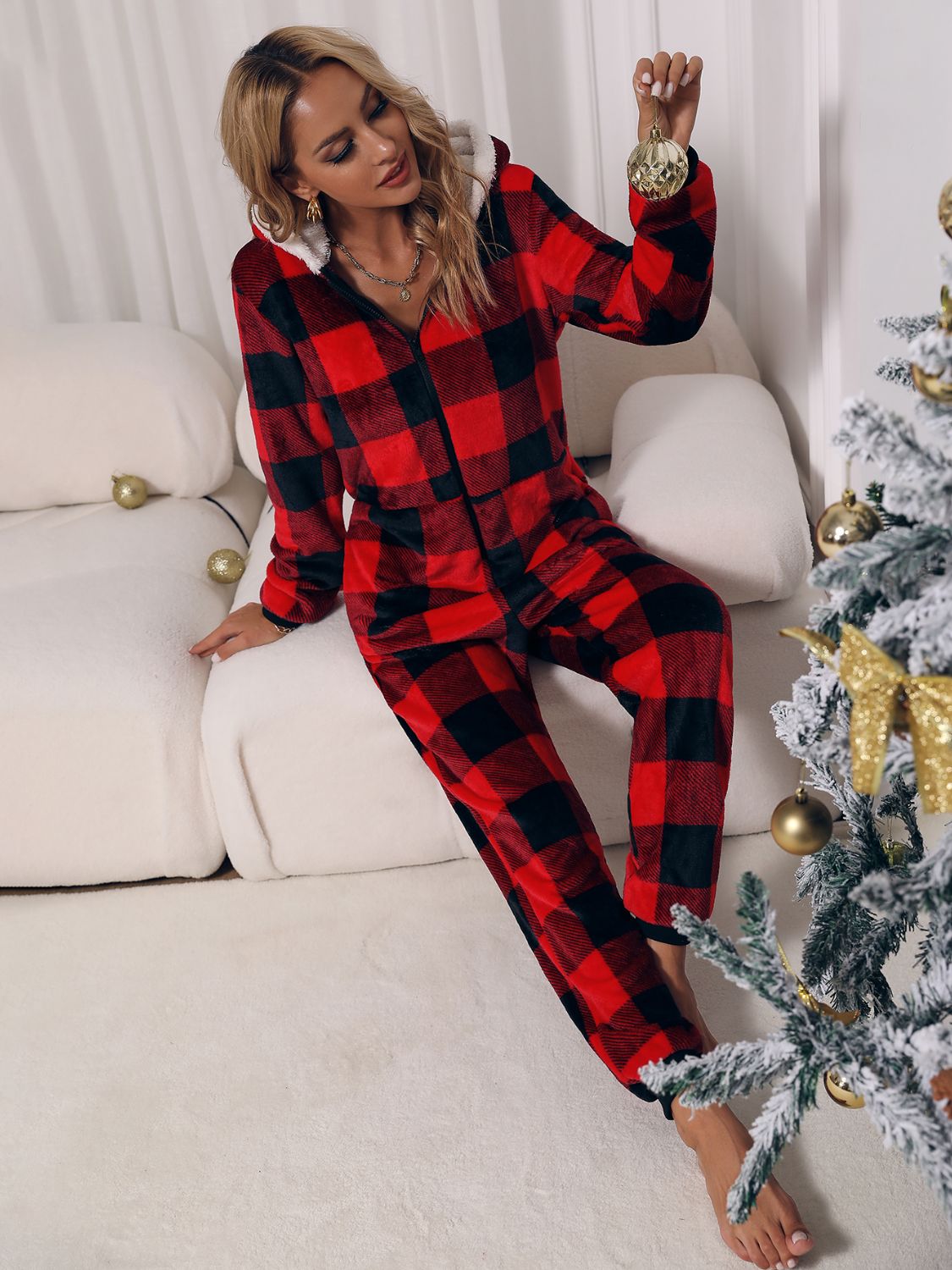 Plaid Zip Front Long Sleeve Hooded Lounge Jumpsuit Print on any thing USA/STOD clothes
