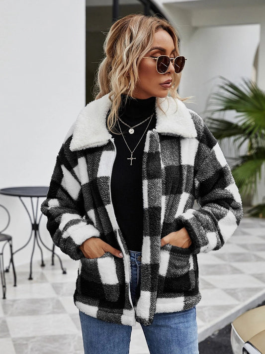 Plaid Zip-Up Collared Jacket Print on any thing USA/STOD clothes