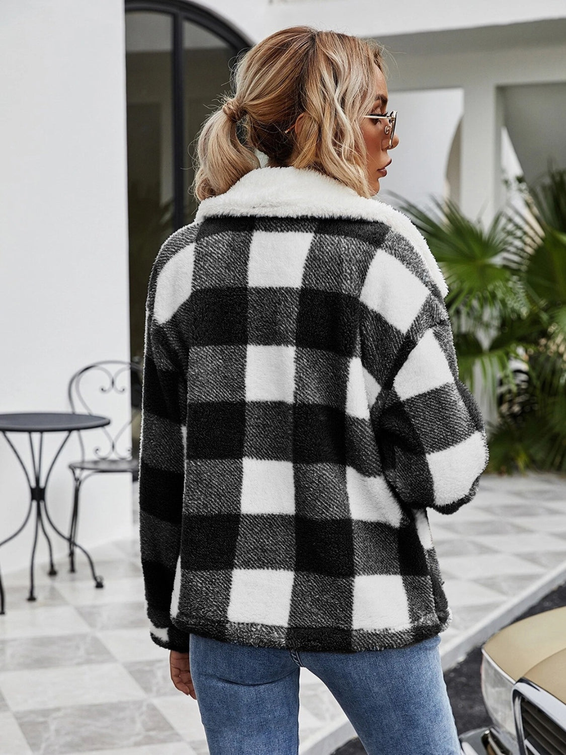 Plaid Zip-Up Collared Jacket Print on any thing USA/STOD clothes