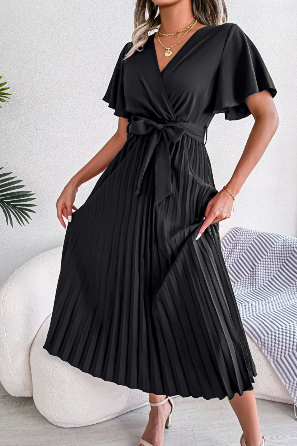 Pleated Flutter Sleeve Belted Dress Print on any thing USA/STOD clothes