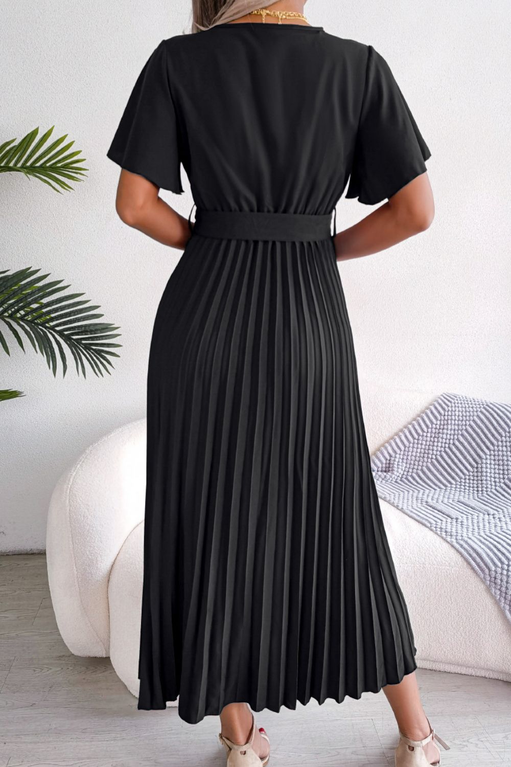Pleated Flutter Sleeve Belted Dress Print on any thing USA/STOD clothes