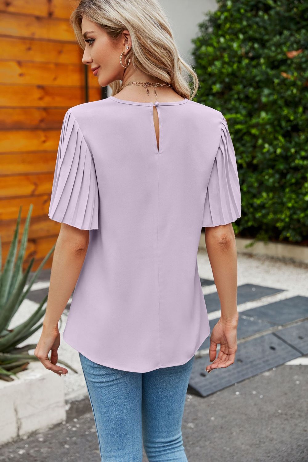 Pleated Flutter Sleeve Round Neck Blouse Print on any thing USA/STOD clothes