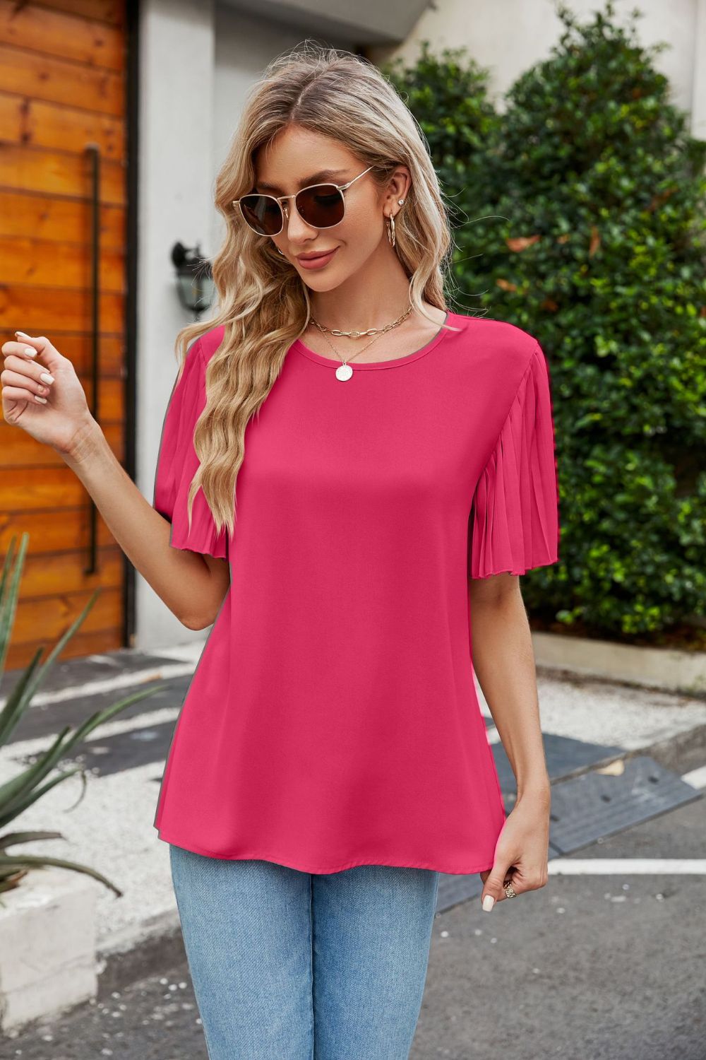 Pleated Flutter Sleeve Round Neck Blouse Print on any thing USA/STOD clothes