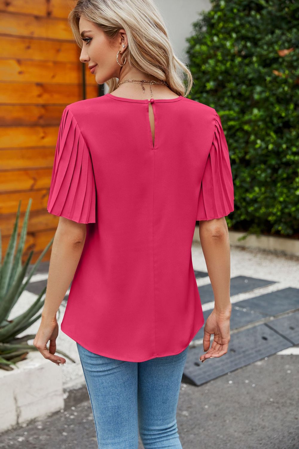 Pleated Flutter Sleeve Round Neck Blouse Print on any thing USA/STOD clothes