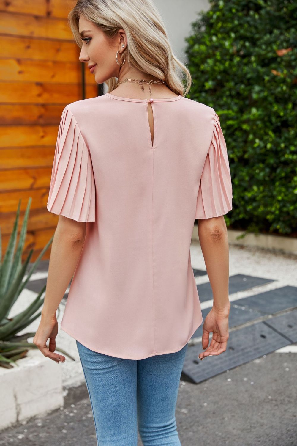 Pleated Flutter Sleeve Round Neck Blouse Print on any thing USA/STOD clothes