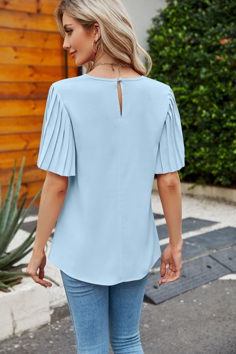 Pleated Flutter Sleeve Round Neck Blouse Print on any thing USA/STOD clothes