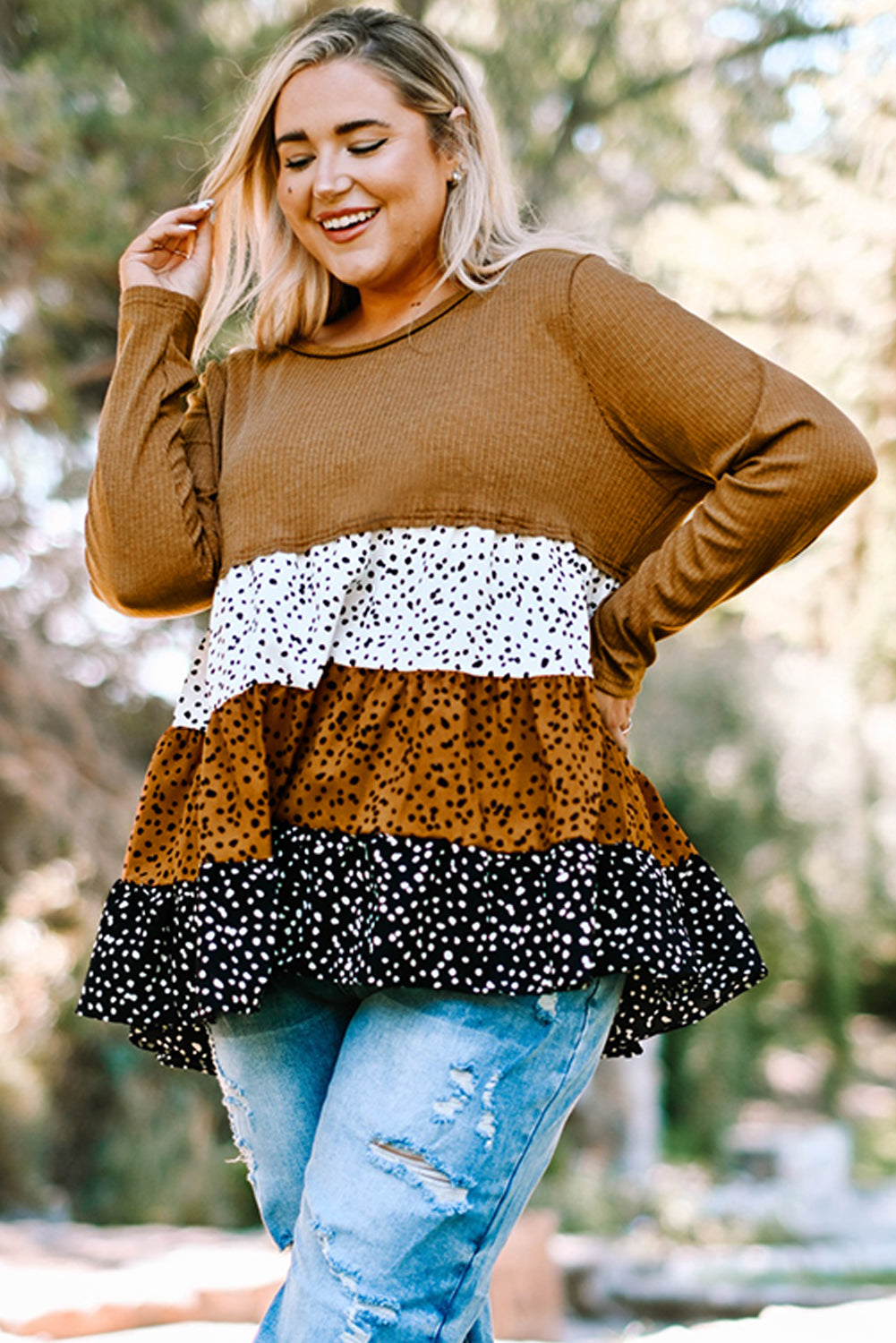 Plus Size Animal Print Color Block Ribbed Babydoll Top Print on any thing USA/STOD clothes