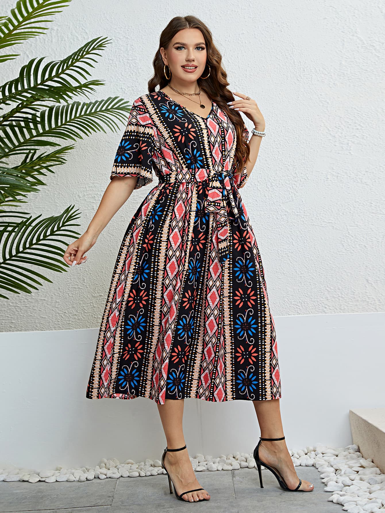 Plus Size Bohemian V-Neck Tie Belt Midi Dress Print on any thing USA/STOD clothes