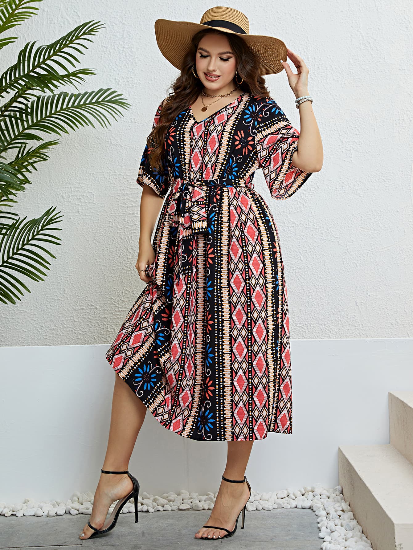 Plus Size Bohemian V-Neck Tie Belt Midi Dress Print on any thing USA/STOD clothes