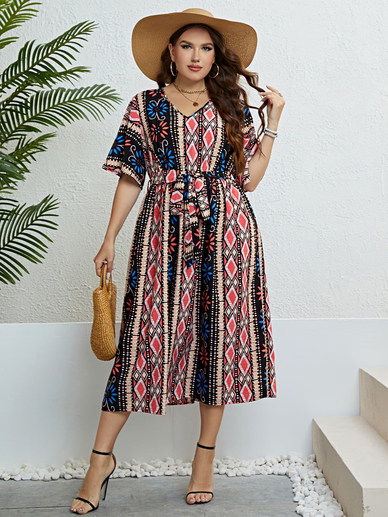 Plus Size Bohemian V-Neck Tie Belt Midi Dress Print on any thing USA/STOD clothes