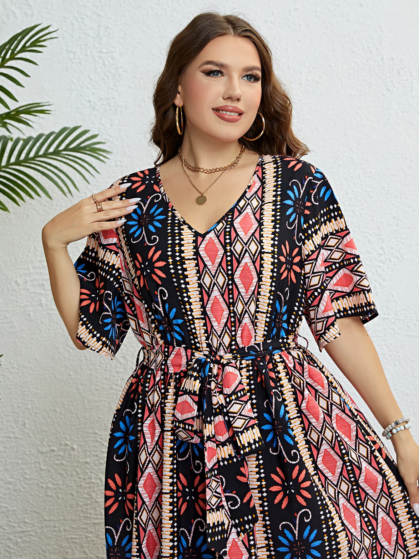 Plus Size Bohemian V-Neck Tie Belt Midi Dress Print on any thing USA/STOD clothes