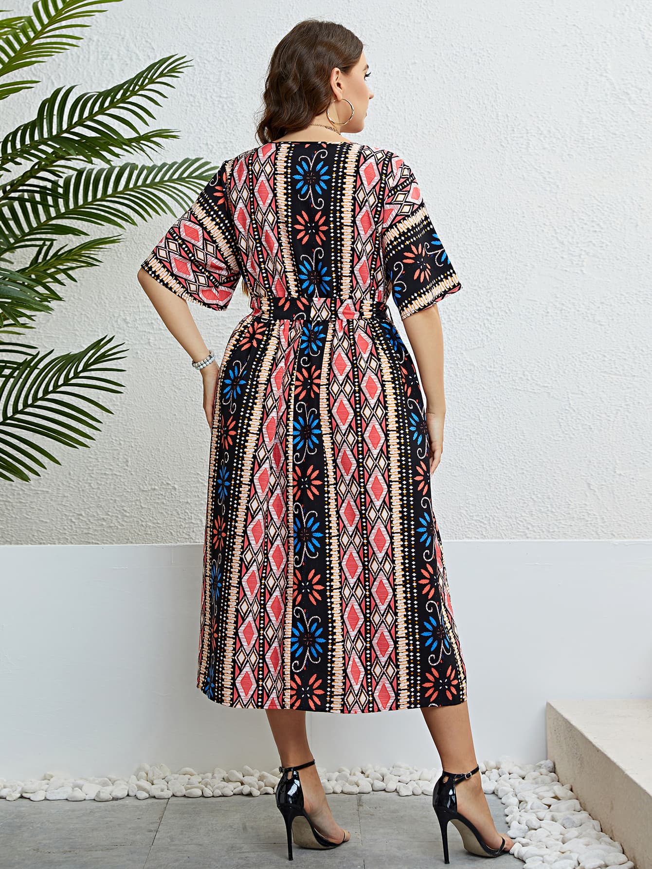 Plus Size Bohemian V-Neck Tie Belt Midi Dress Print on any thing USA/STOD clothes