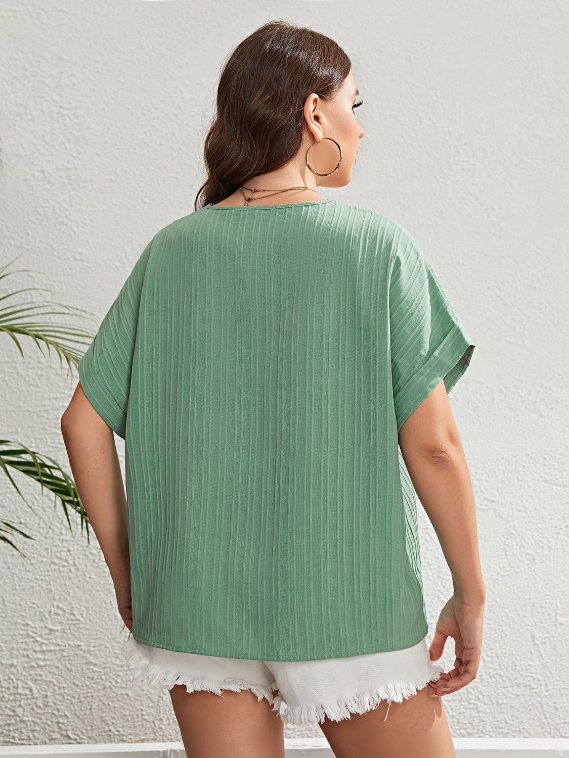 Plus Size Buttoned V-Neck Short Sleeve Top Print on any thing USA/STOD clothes