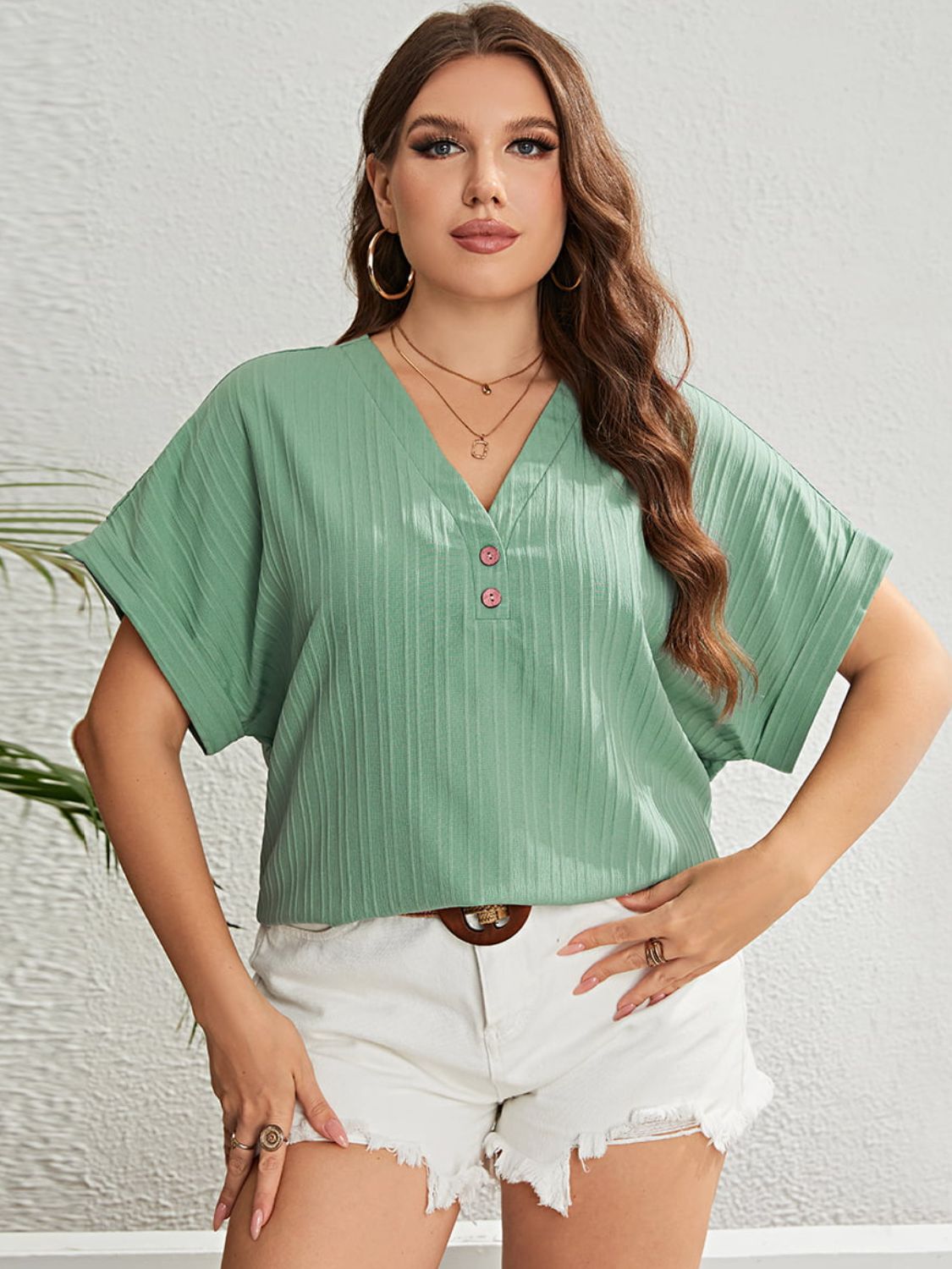 Plus Size Buttoned V-Neck Short Sleeve Top Print on any thing USA/STOD clothes
