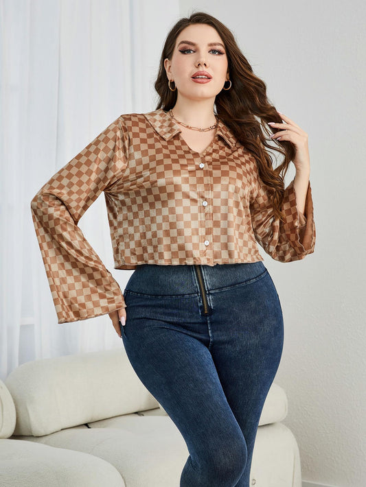 Plus Size Checkered Johnny Collar Flare Sleeve Shirt Print on any thing USA/STOD clothes