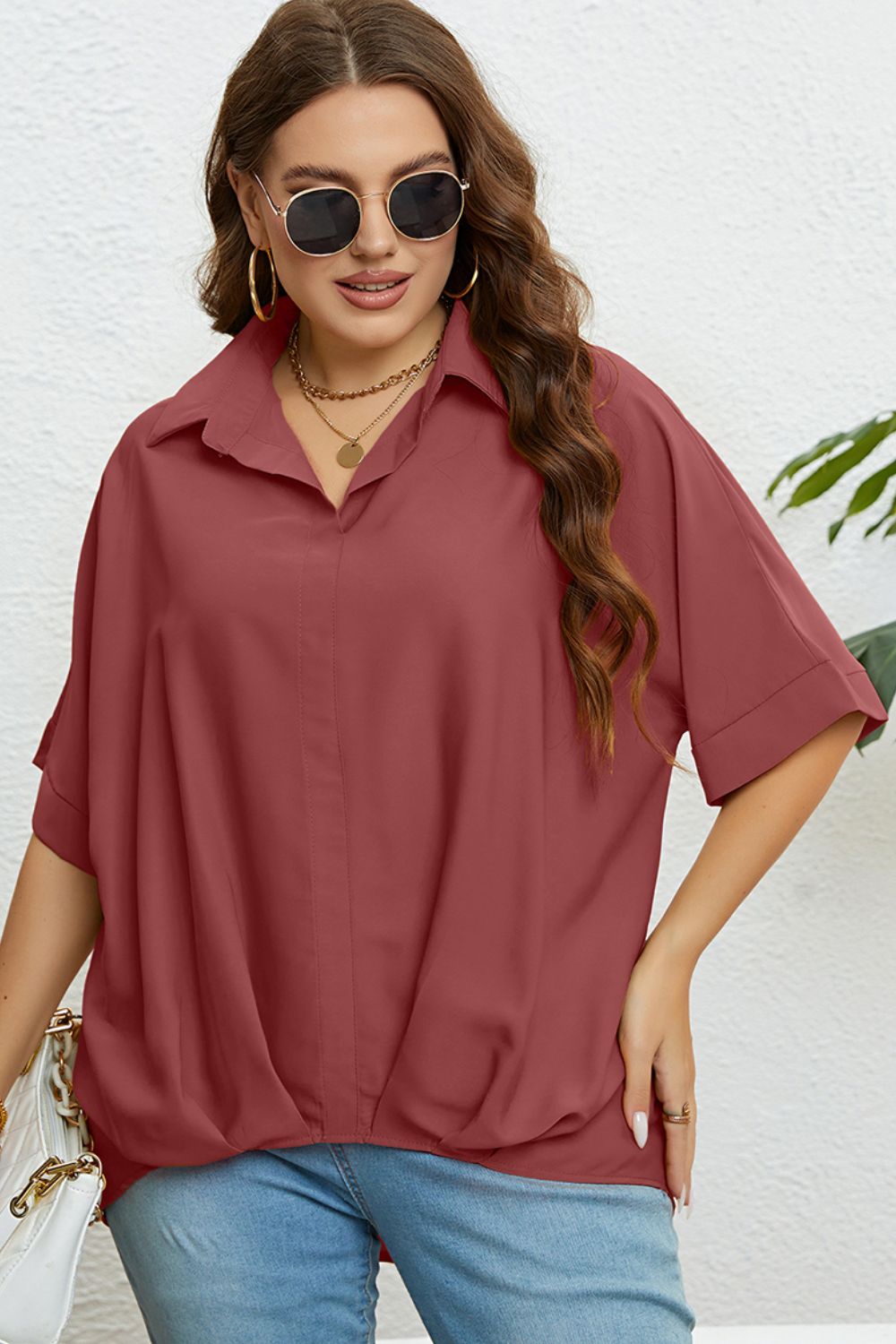 Plus Size Collared Half Sleeve Hem Detail Top Print on any thing USA/STOD clothes