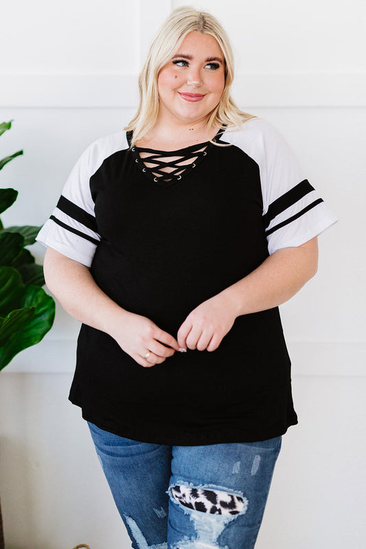 Plus Size Contrast Crisscross Tee Shirt Print on any thing USA/STOD clothes