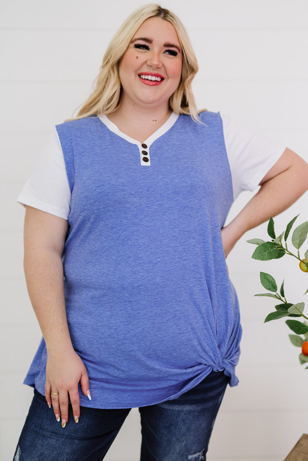 Plus Size Contrast Twisted Henley Tee Print on any thing USA/STOD clothes