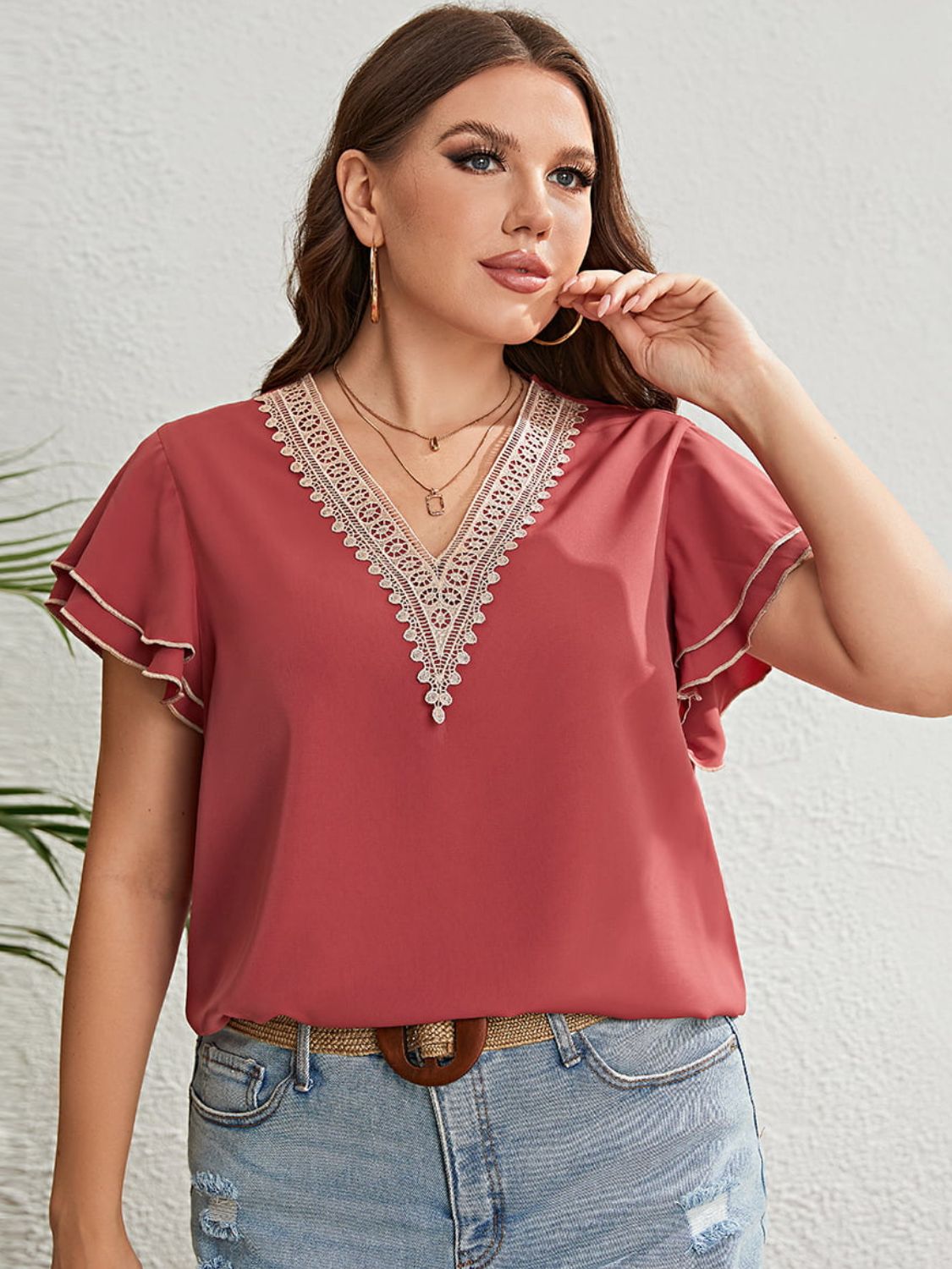 Plus Size Contrast V-Neck Layered Flutter Sleeve Blouse Print on any thing USA/STOD clothes