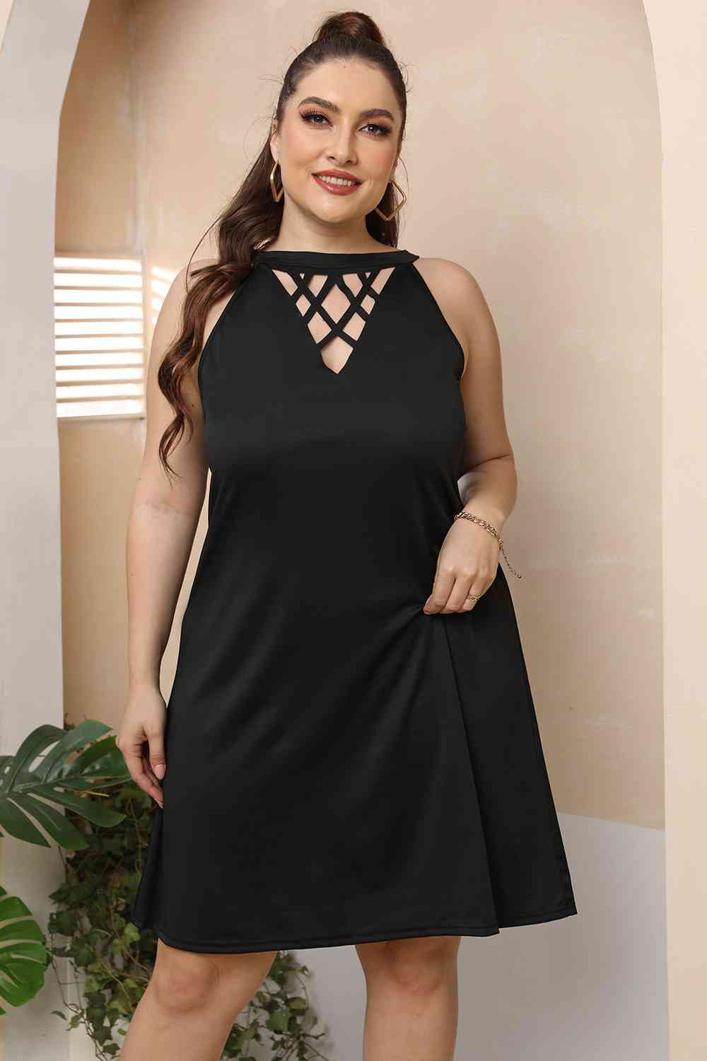 Plus Size Cutout Round Neck Sleeveless Dress Print on any thing USA/STOD clothes