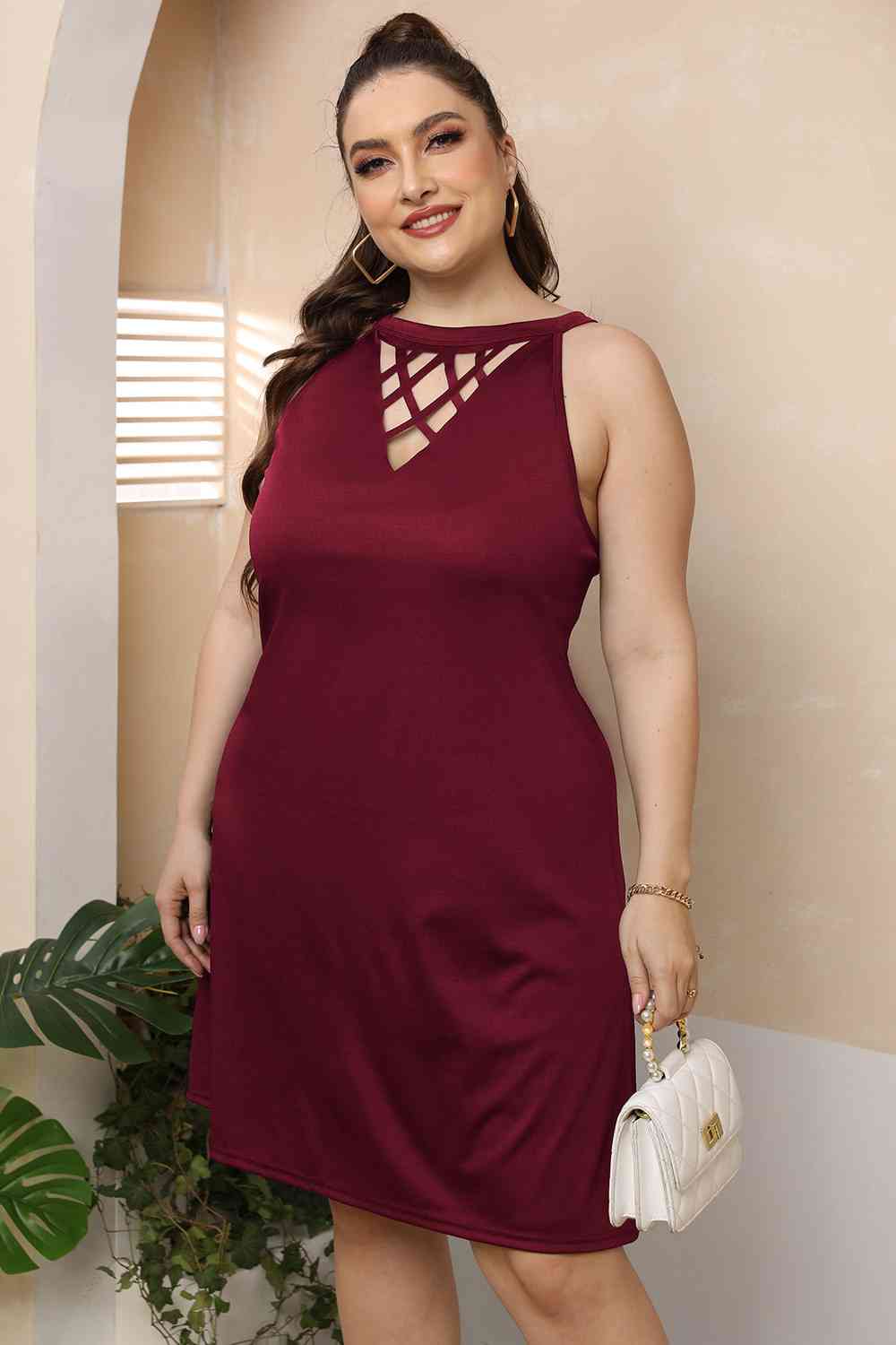 Plus Size Cutout Round Neck Sleeveless Dress Print on any thing USA/STOD clothes