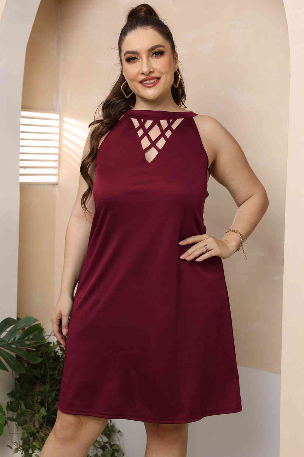 Plus Size Cutout Round Neck Sleeveless Dress Print on any thing USA/STOD clothes