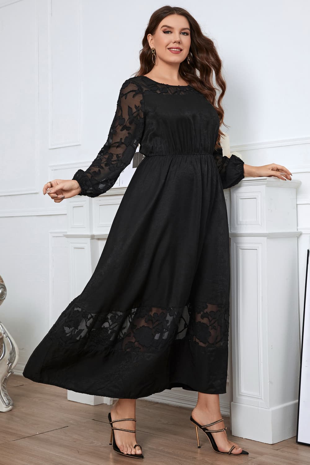 Plus Size Embroidery Round Neck Long Sleeve Maxi Dress Print on any thing USA/STOD clothes