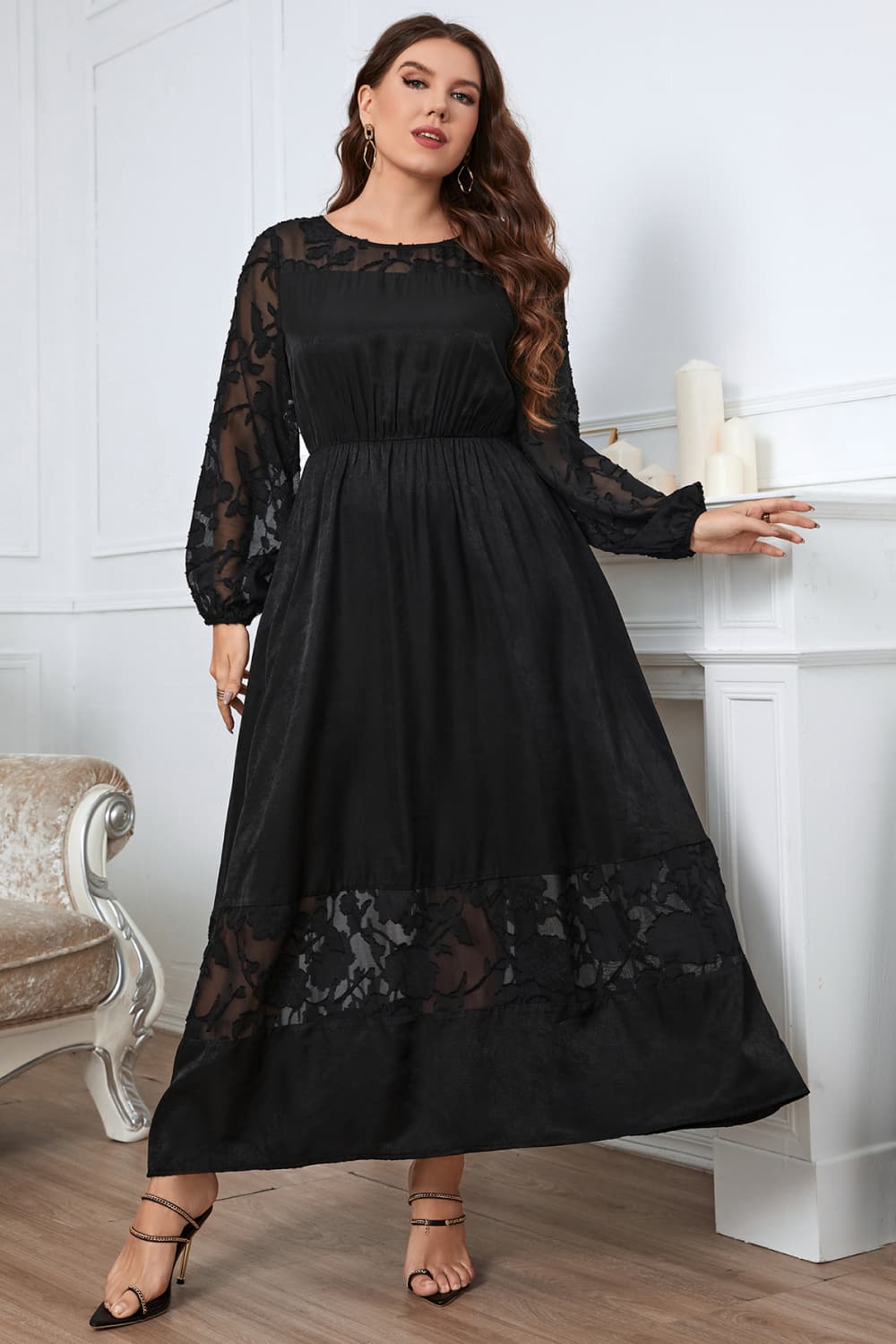 Plus Size Embroidery Round Neck Long Sleeve Maxi Dress Print on any thing USA/STOD clothes