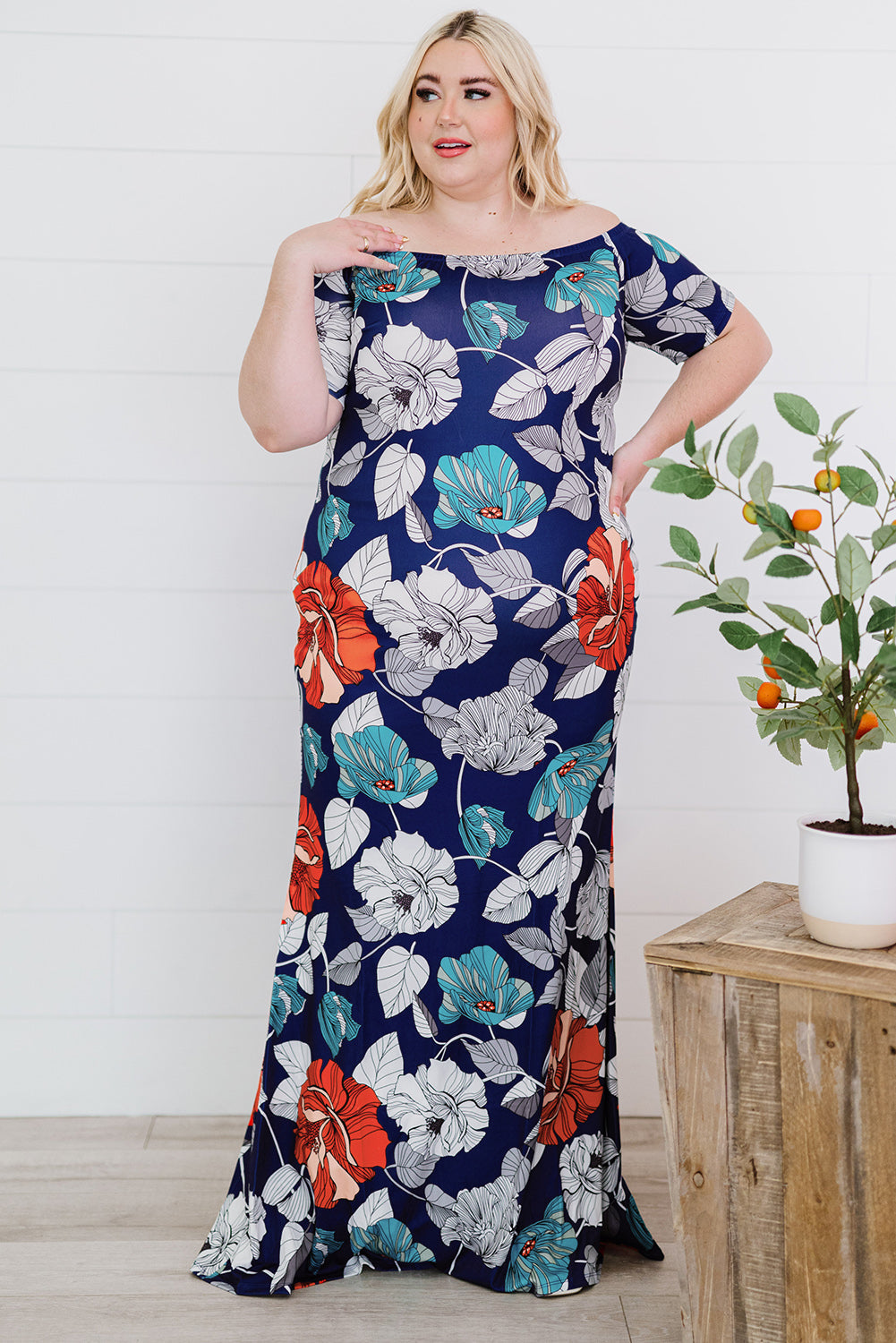 Plus Size Floral Off-Shoulder Short Sleeve Fishtail Dress Print on any thing USA/STOD clothes