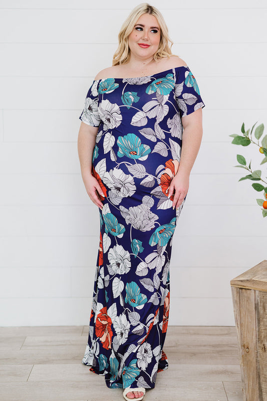 Plus Size Floral Off-Shoulder Short Sleeve Fishtail Dress Print on any thing USA/STOD clothes