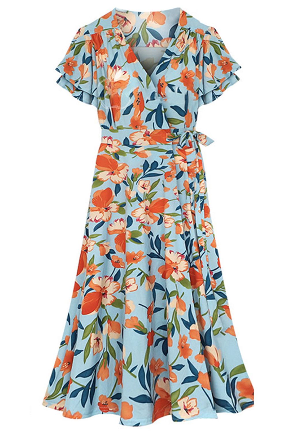 Plus Size Floral Surplice Neck Flutter Sleeve Dress Print on any thing USA/STOD clothes