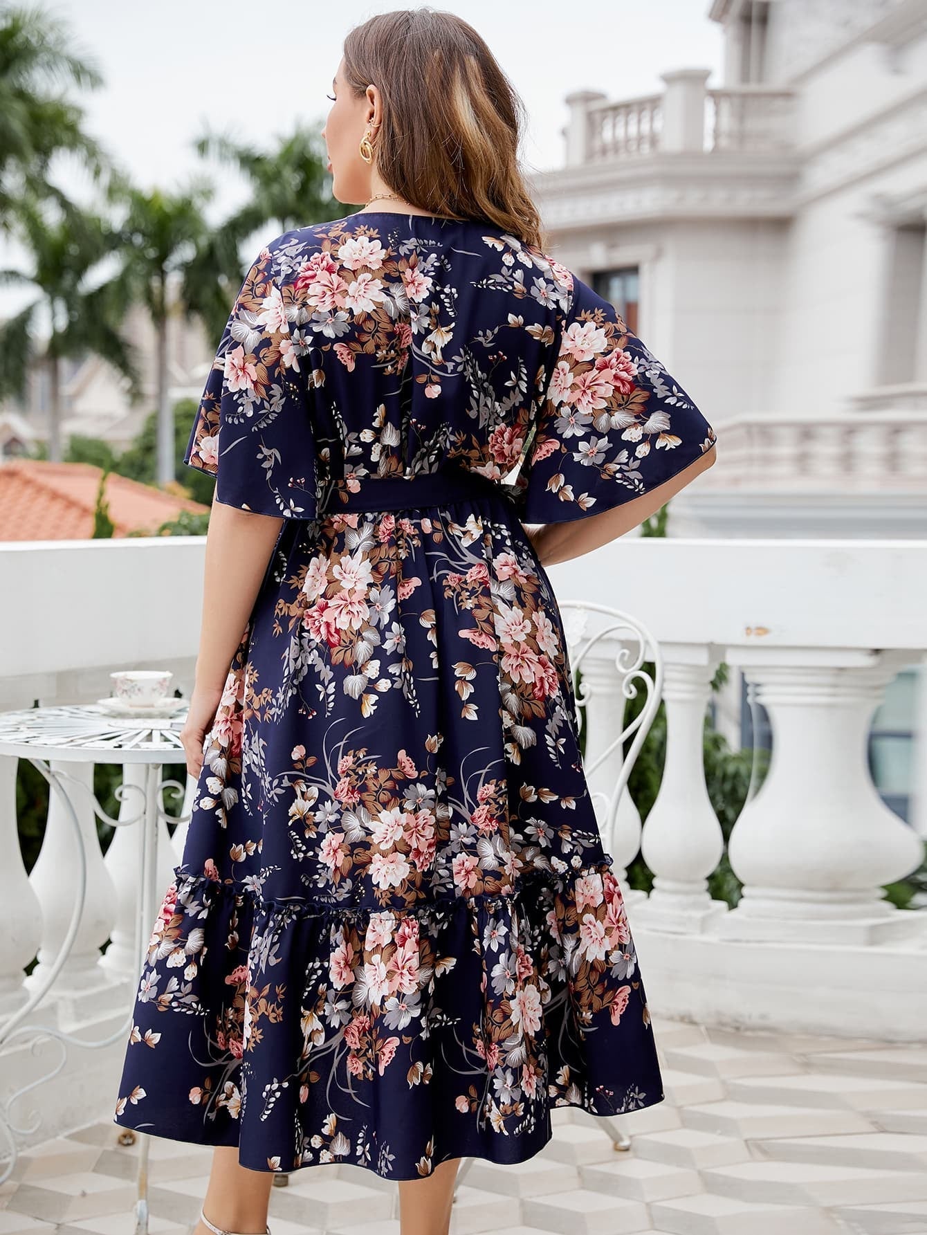 Plus Size Floral Surplice Neck Midi Dress Print on any thing USA/STOD clothes