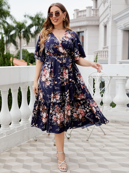 Plus Size Floral Surplice Neck Midi Dress Print on any thing USA/STOD clothes