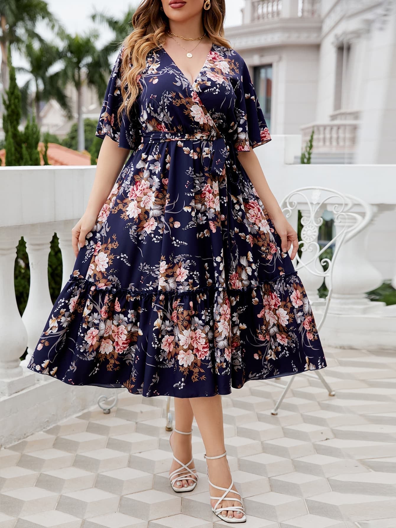 Plus Size Floral Surplice Neck Midi Dress Print on any thing USA/STOD clothes