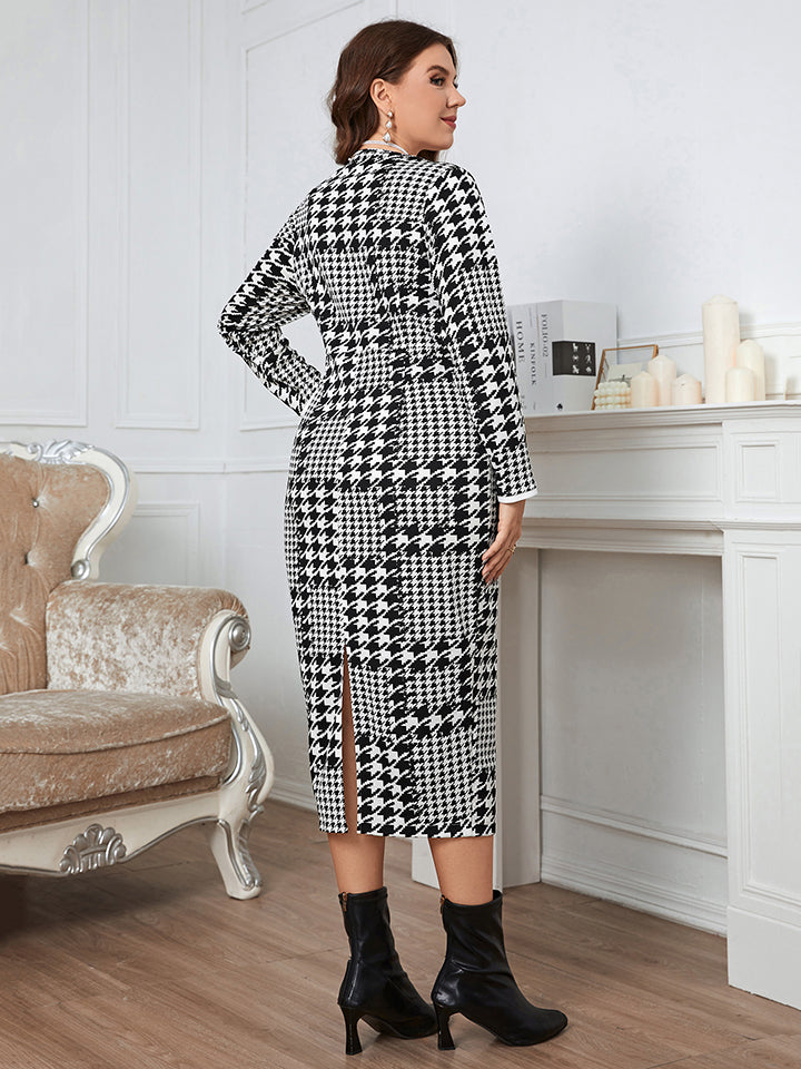 Plus Size Houndstooth Button-Down Long Sleeve Dress Print on any thing USA/STOD clothes