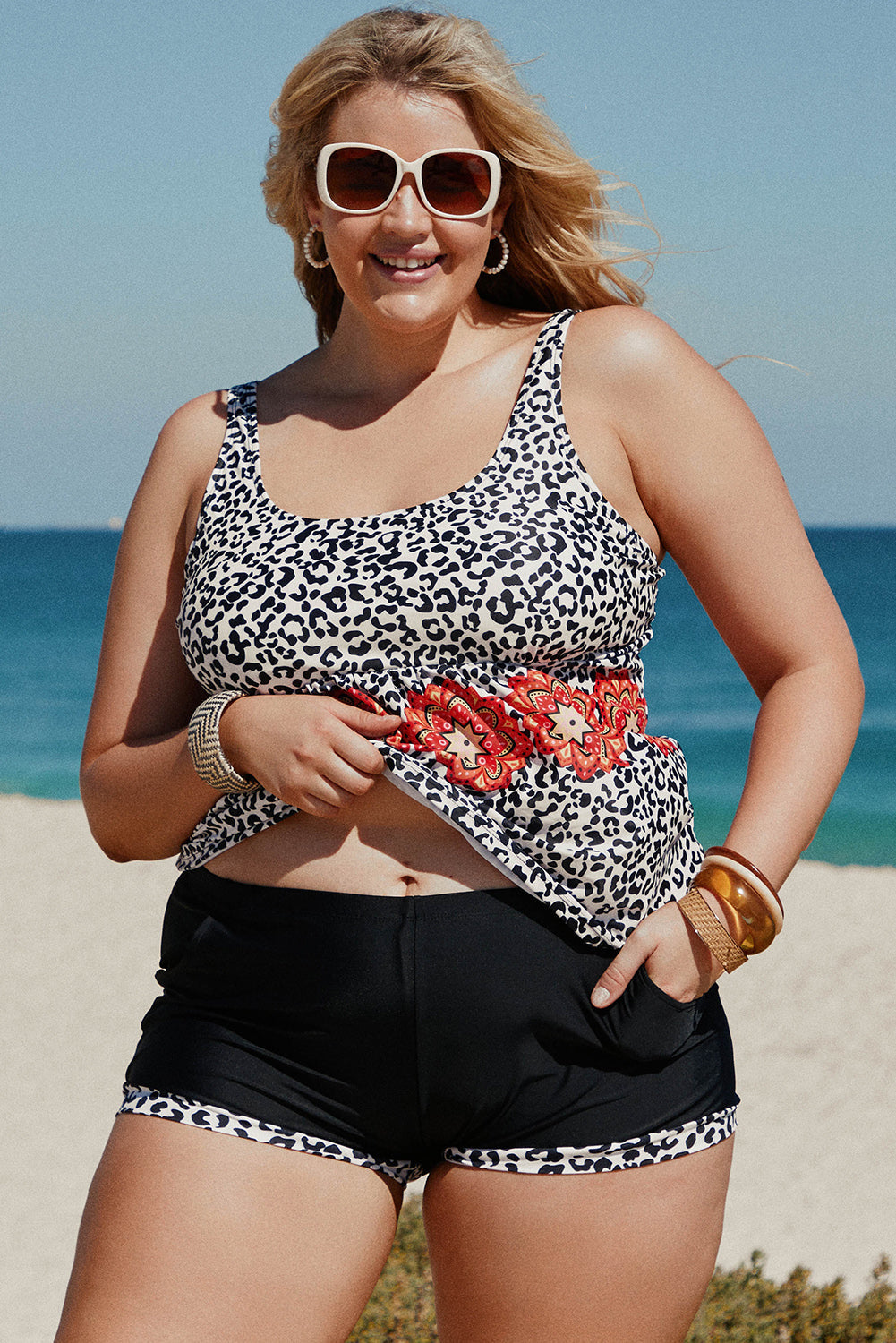 Plus Size Mixed Print Tankini Set with Pockets Print on any thing USA/STOD clothes