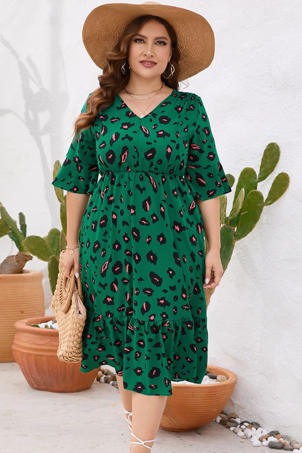 Plus Size Printed Flare Sleeve V-Neck Dress Print on any thing USA/STOD clothes