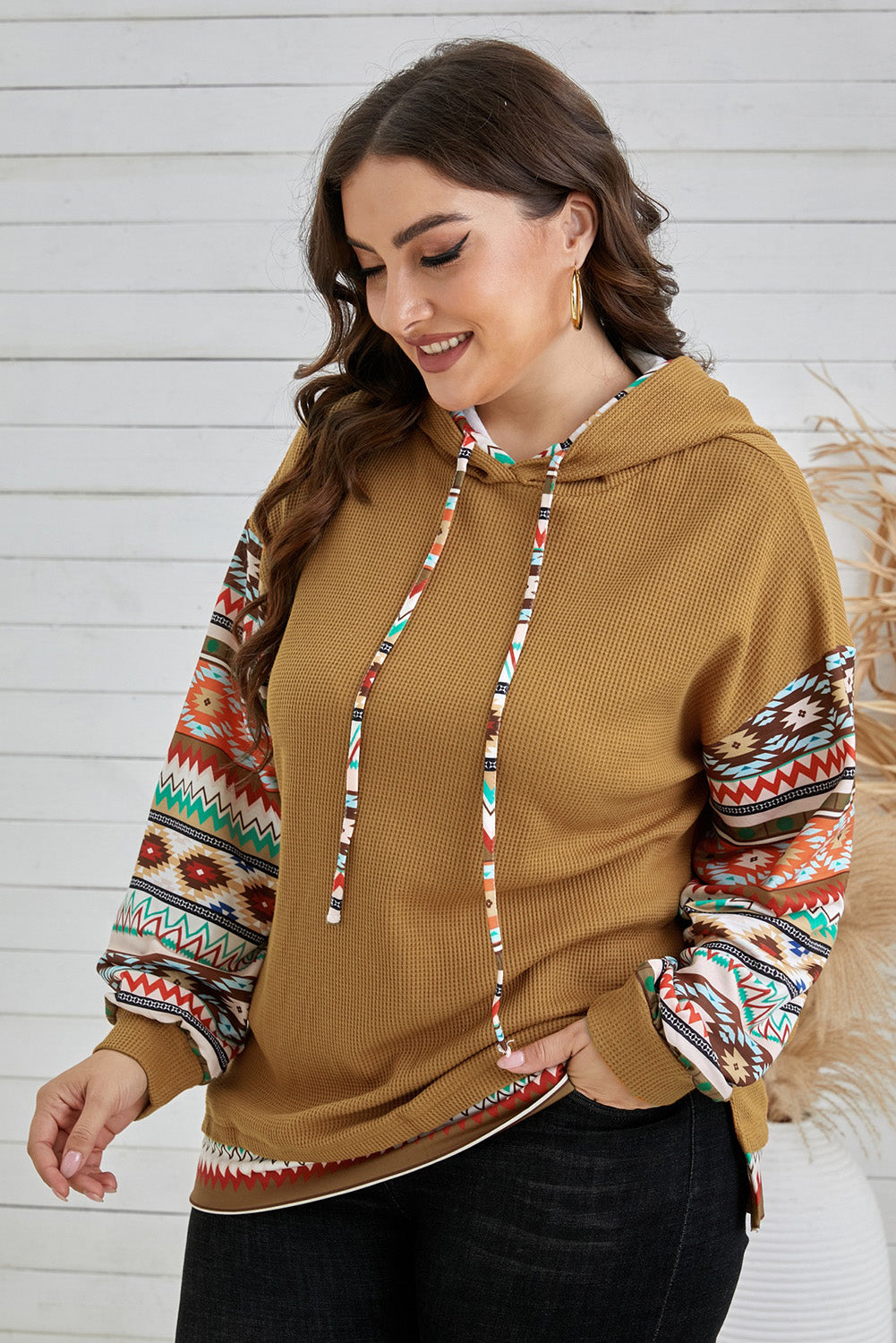 Plus Size Printed Side Slit Waffle-Knit Hoodie Print on any thing USA/STOD clothes