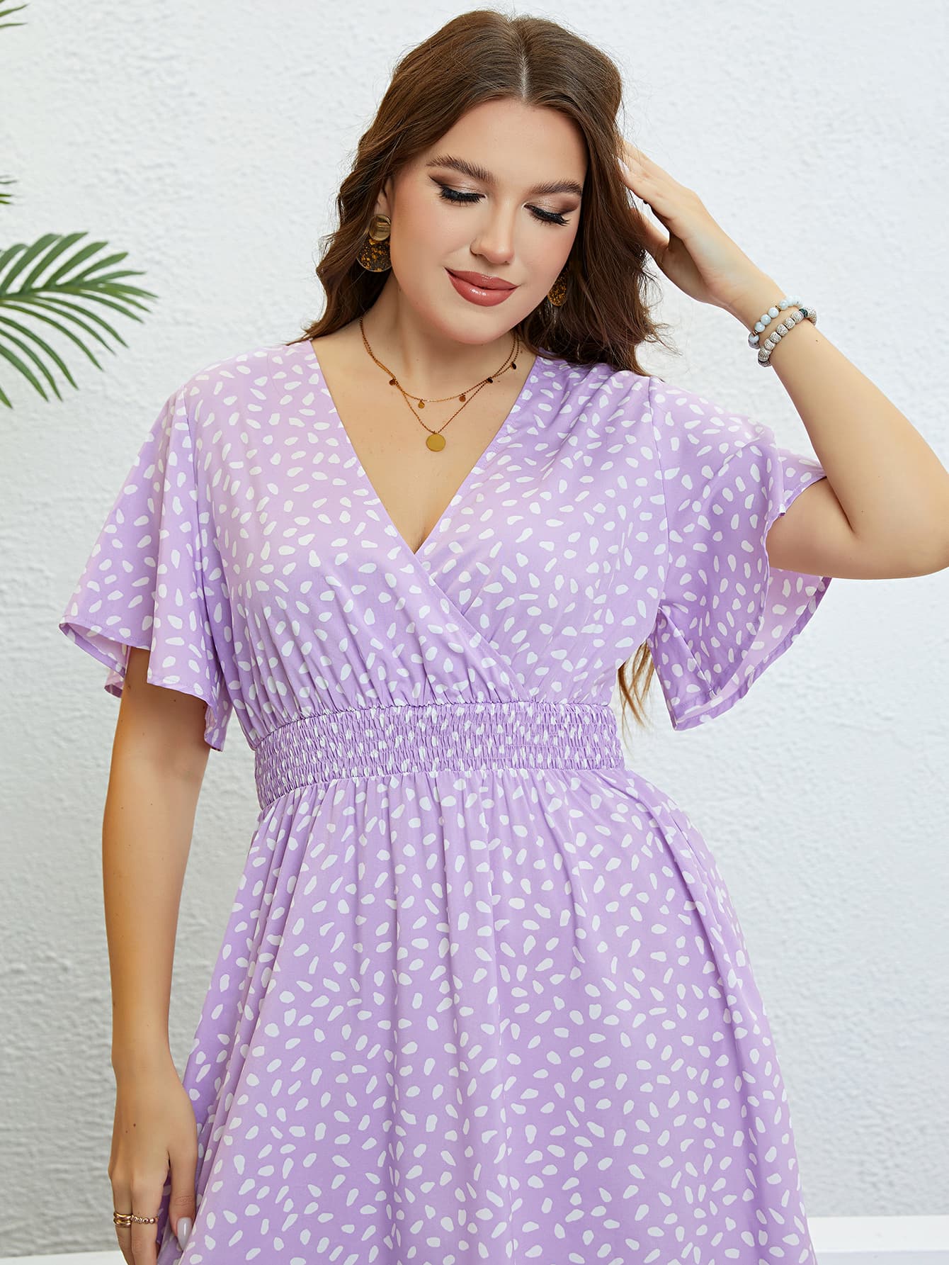 Plus Size Printed Smocked Waist Surplice Dress Print on any thing USA/STOD clothes