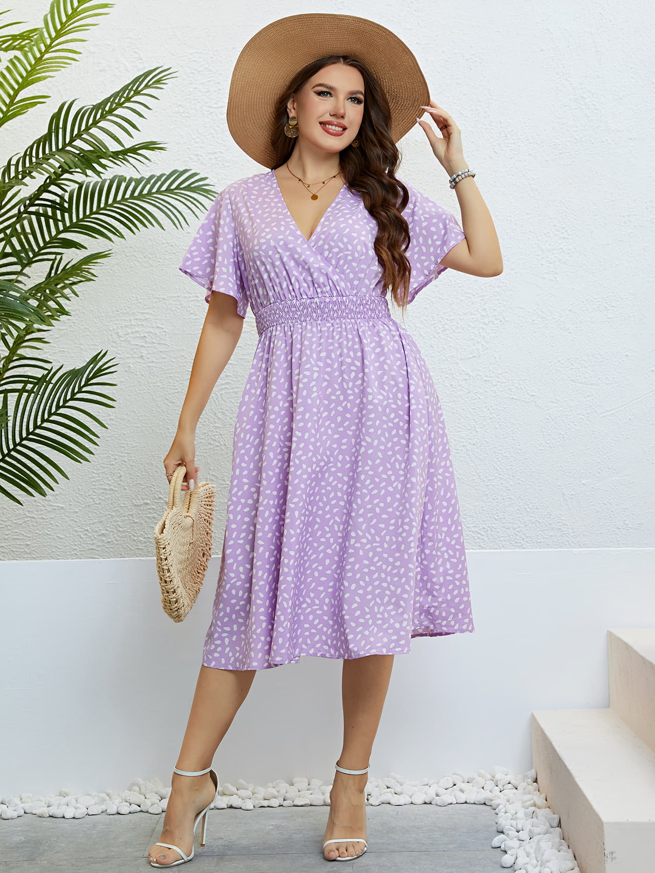 Plus Size Printed Smocked Waist Surplice Dress Print on any thing USA/STOD clothes