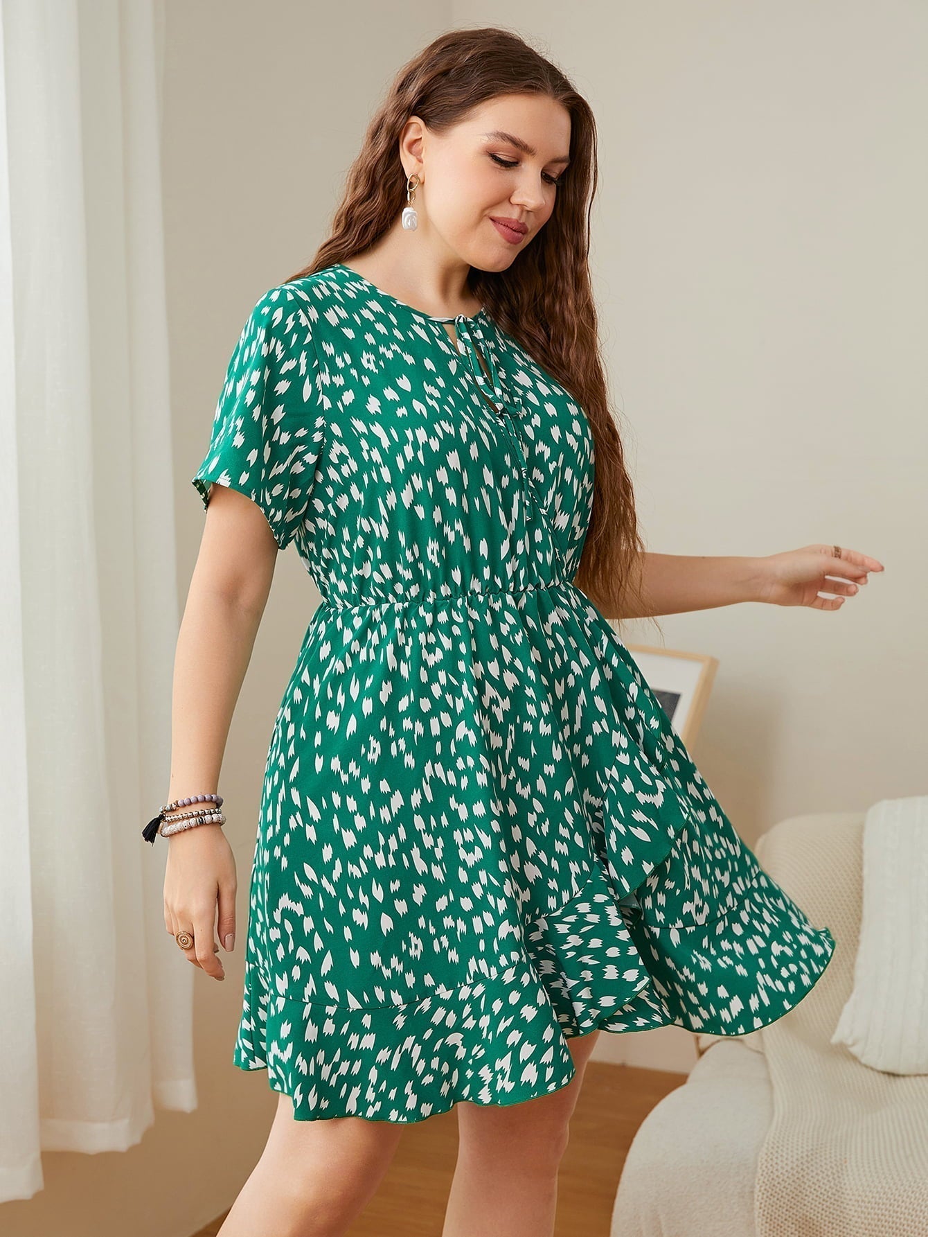 Plus Size Printed Tie Neck Ruffled Dress Print on any thing USA/STOD clothes