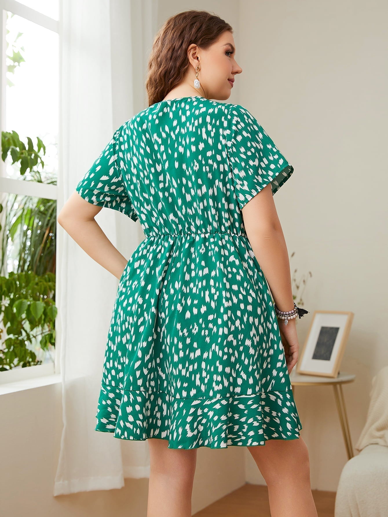Plus Size Printed Tie Neck Ruffled Dress Print on any thing USA/STOD clothes