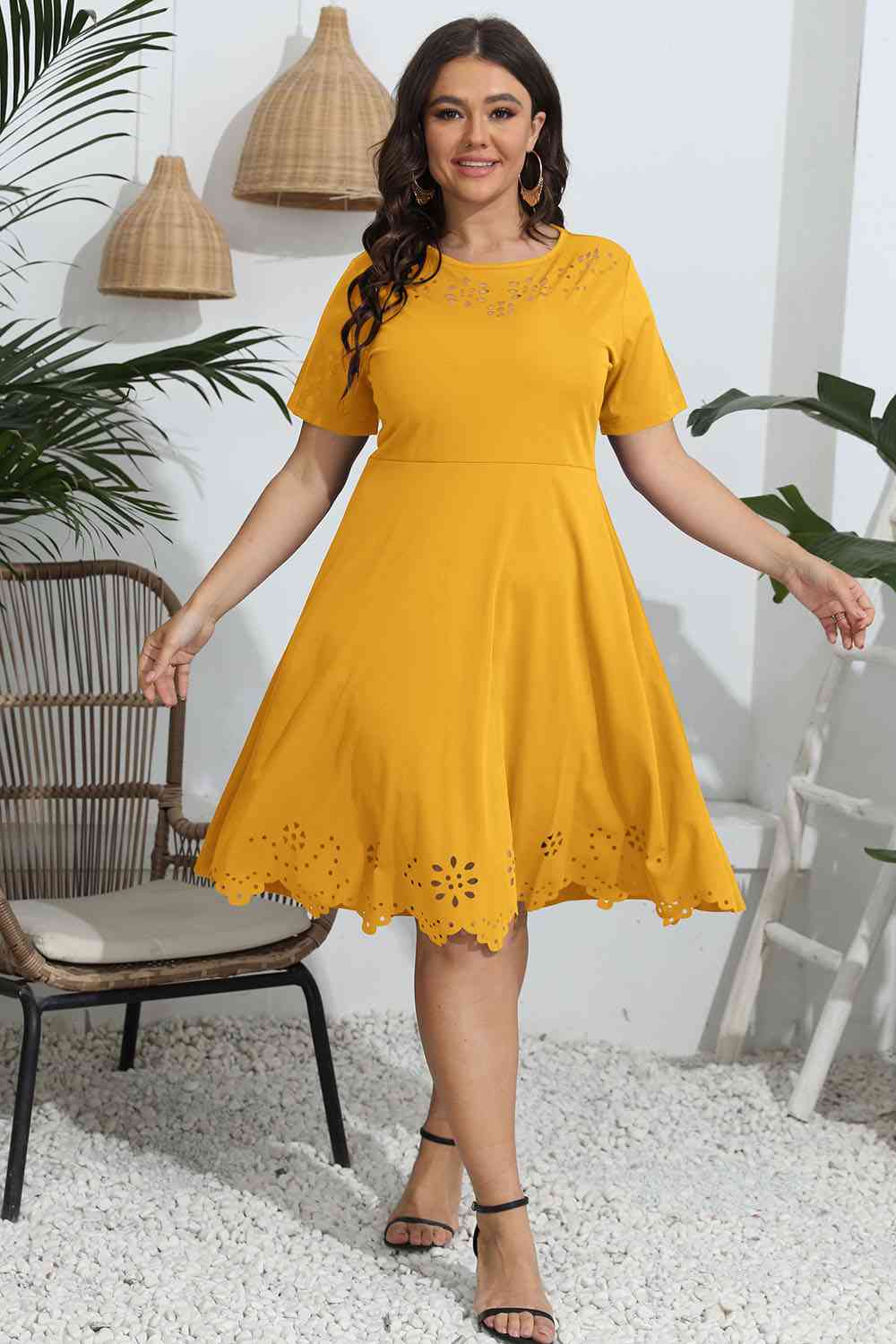 Plus Size Round Neck Openwork Dress Print on any thing USA/STOD clothes