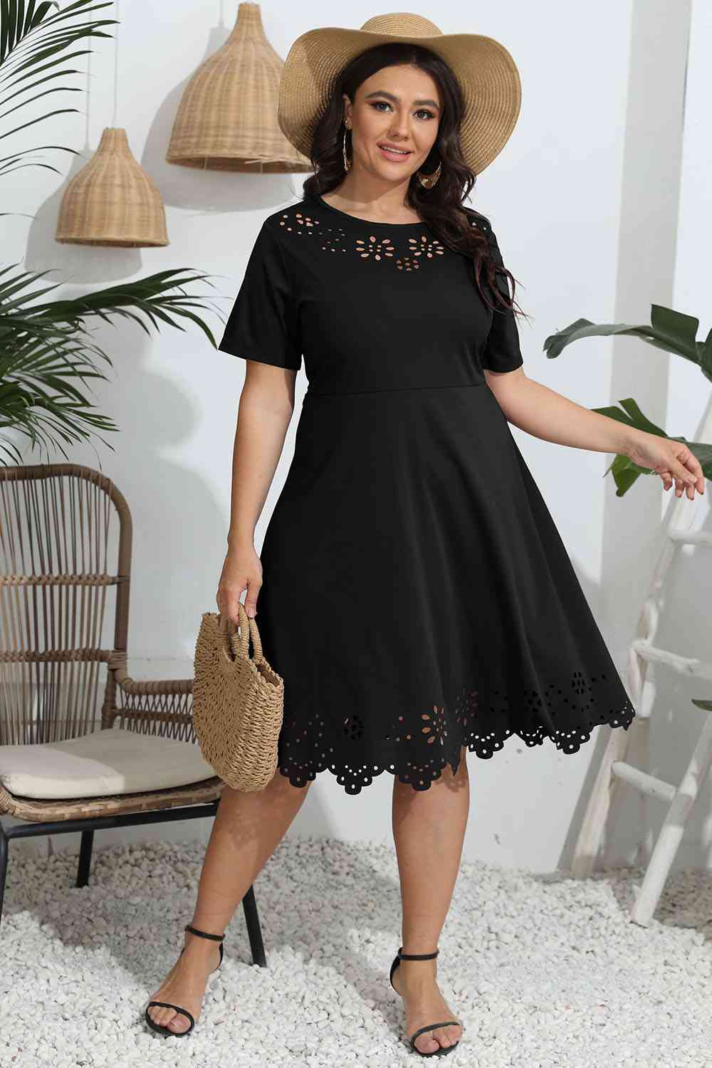 Plus Size Round Neck Openwork Dress Print on any thing USA/STOD clothes