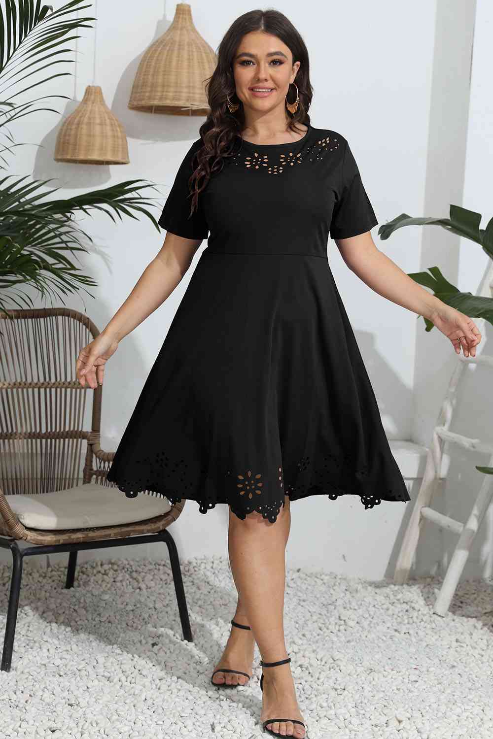 Plus Size Round Neck Openwork Dress Print on any thing USA/STOD clothes