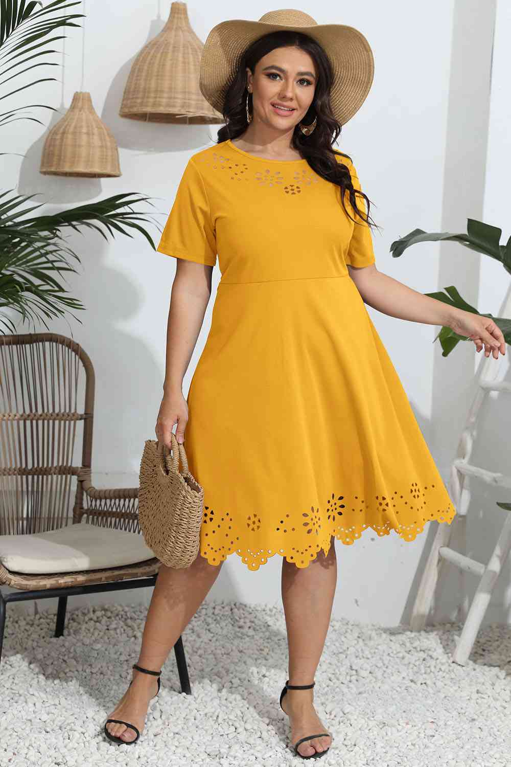 Plus Size Round Neck Openwork Dress Print on any thing USA/STOD clothes