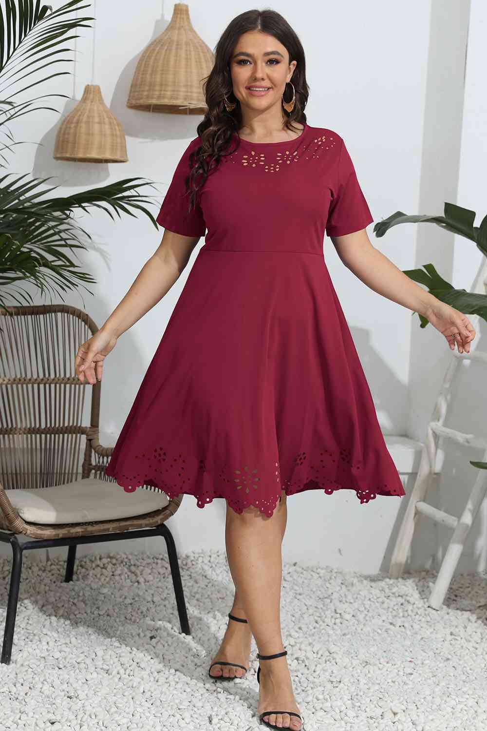 Plus Size Round Neck Openwork Dress Print on any thing USA/STOD clothes