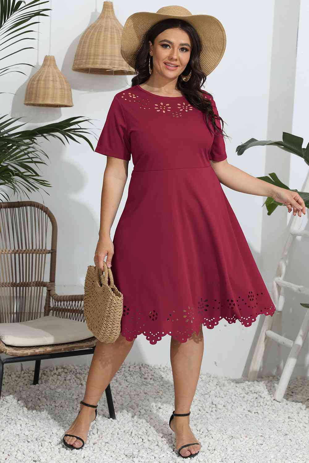 Plus Size Round Neck Openwork Dress Print on any thing USA/STOD clothes