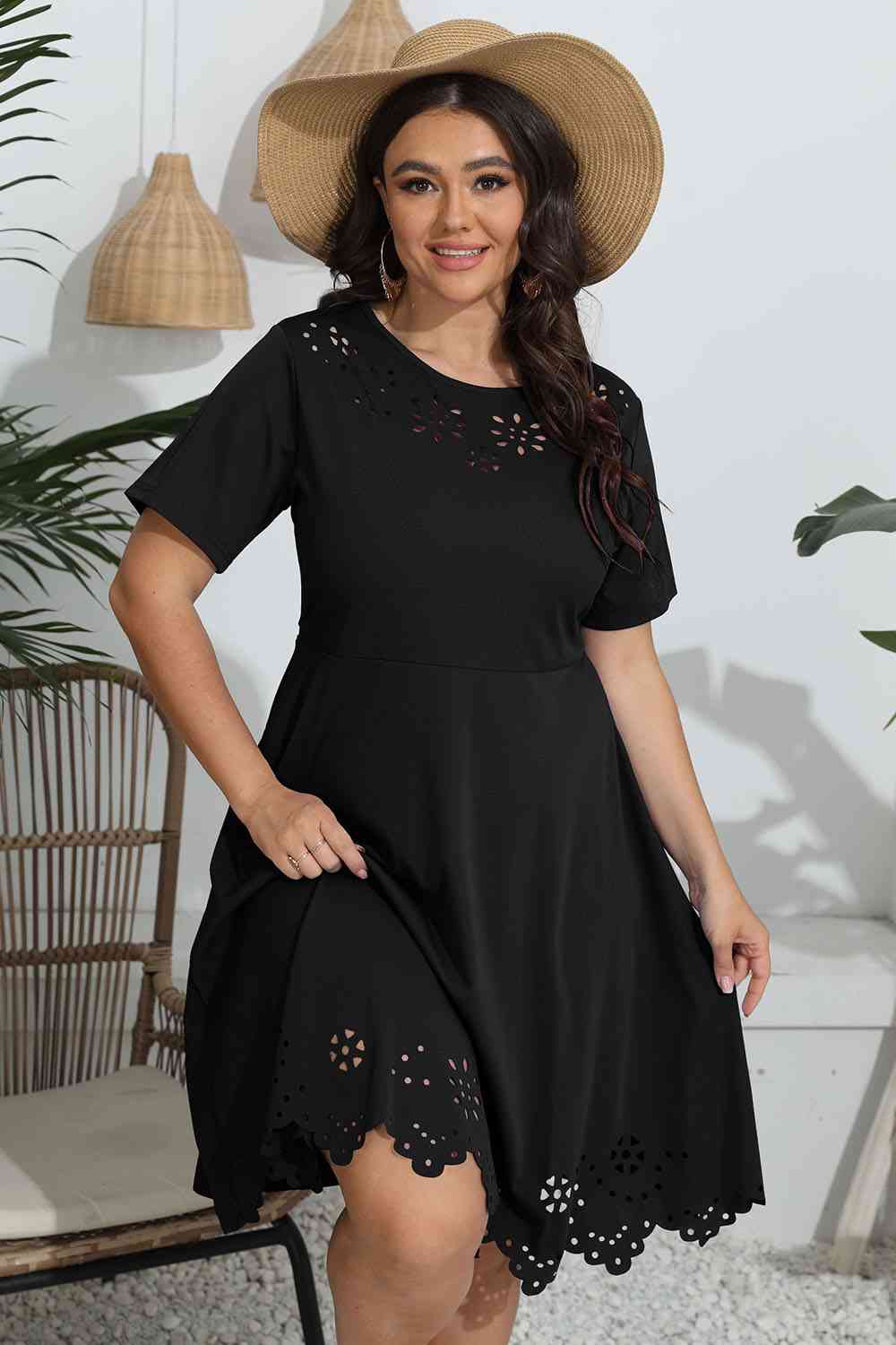 Plus Size Round Neck Openwork Dress Print on any thing USA/STOD clothes