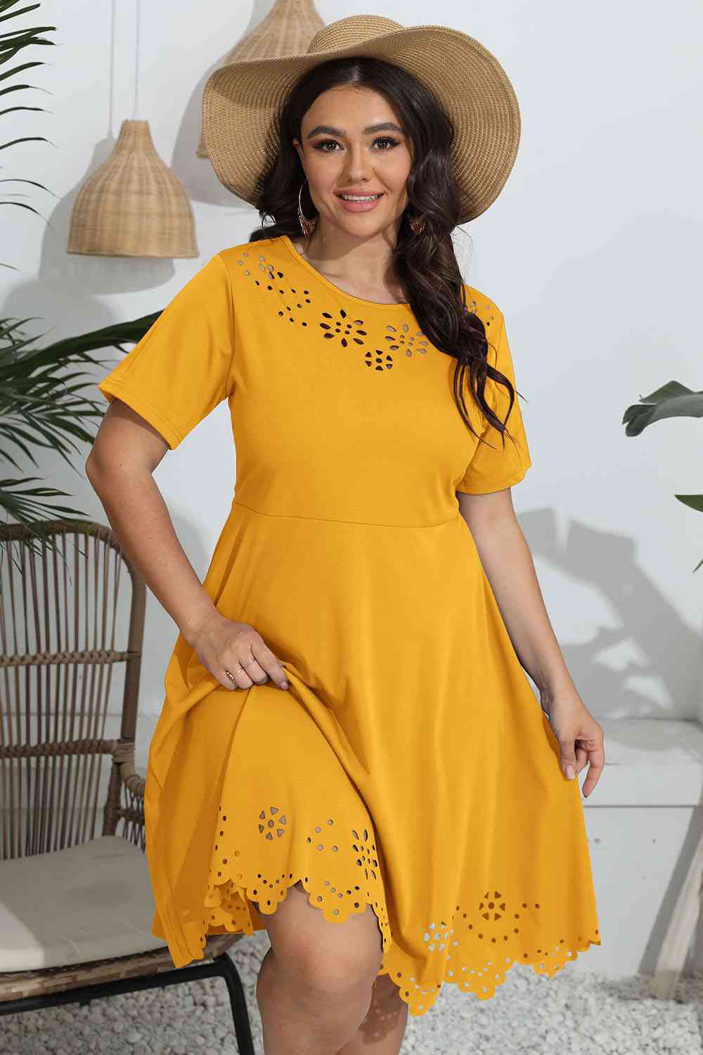 Plus Size Round Neck Openwork Dress Print on any thing USA/STOD clothes